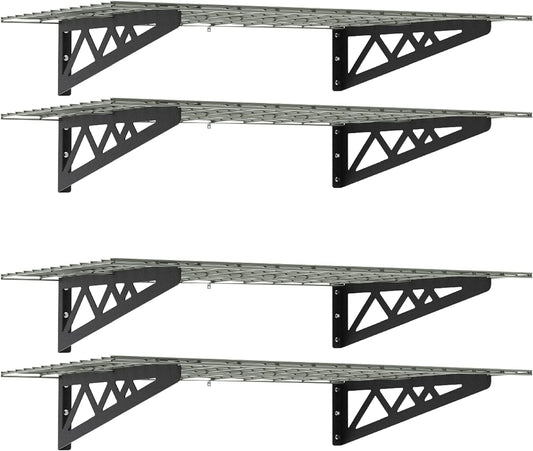 SafeRacks Wall Shelves - 4 Pk 24"x48" Wall Mountable Shelving Unit for Storage Rack, Pantry Shelves, Utility Shelving, Heavy Duty Shelves w/8 Accessory Hooks, 500lbs Capacity, Hammertone