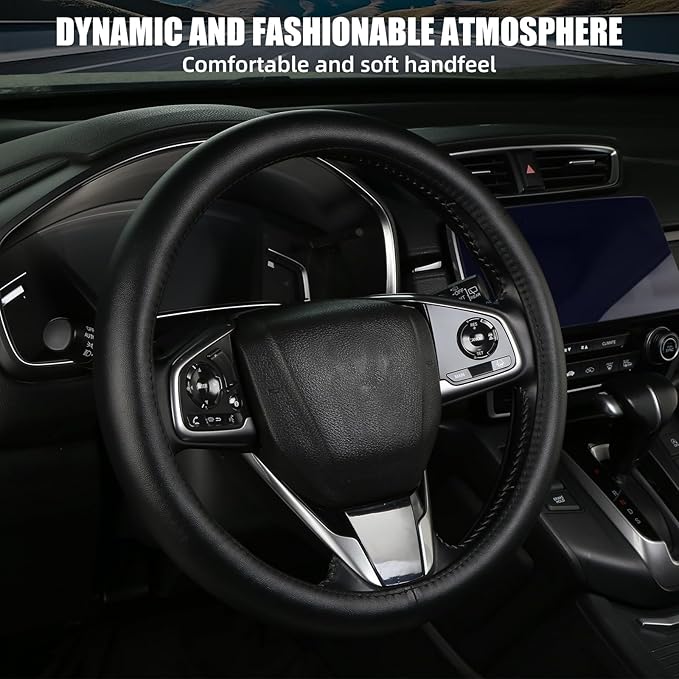 Leather Steering Wheel Cover, Anti-Slip, Safety, Soft, Breathable, Adaptable to 14.5-15 inches Steering Wheel Fit SUV Jeep Van Sedan, Car Steering Wheel Protector for Women Men,Classic Black