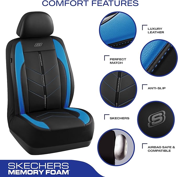 Skechers Car Seat Covers,Luxury Faux Leather Seat Covers,Waterproof Anti Slip Car Seat Protector Front Seats,Car Accessories Airbag Universal Fit for Most Cars,Vans,Trucks,SUV,Blue