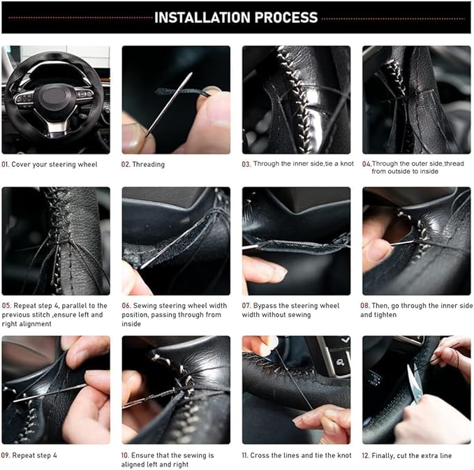 AUTOXBERT 38cm/15 Inch Genuine Leather DIY Steering Wheel Cover Soft Hand Sewing On Wrap Cover with Needles Thread fit for VW Ford Nissan Kia Vauxhall