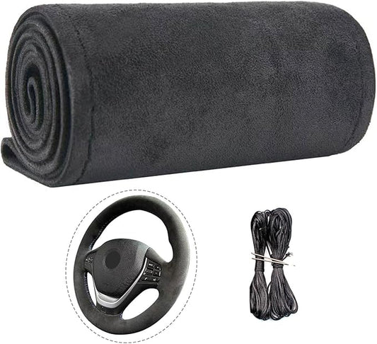 Suede Leather Steering Wheel Cover - DIY Stitch-On Wrap with Needle & Thread (Multiple Thread Colors), Breathable Cowhide, Non-Slip Grip, Fits 14.5-15 Inch, Comfortable & Durable for Year-Round Use