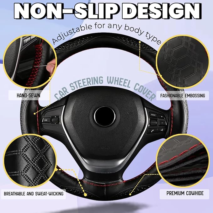 DEEYOTA Car Steering Wheel Cover Universal Fit Round Stitch Steering Wheel Wrap Thin PU Leather Steering Wheel Cover Sewn on 15" Car Wheel (Black)