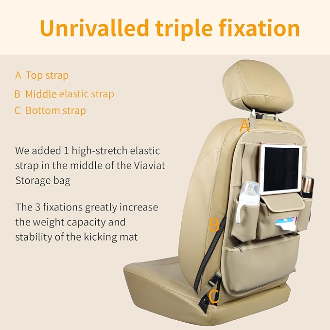 Car Seat Organizers Waterproof Backseat Protector with Storage Pocket Large Leather Kick Mats for Kids Pets Automobile SUV Truck (Beige, Large Pocket)