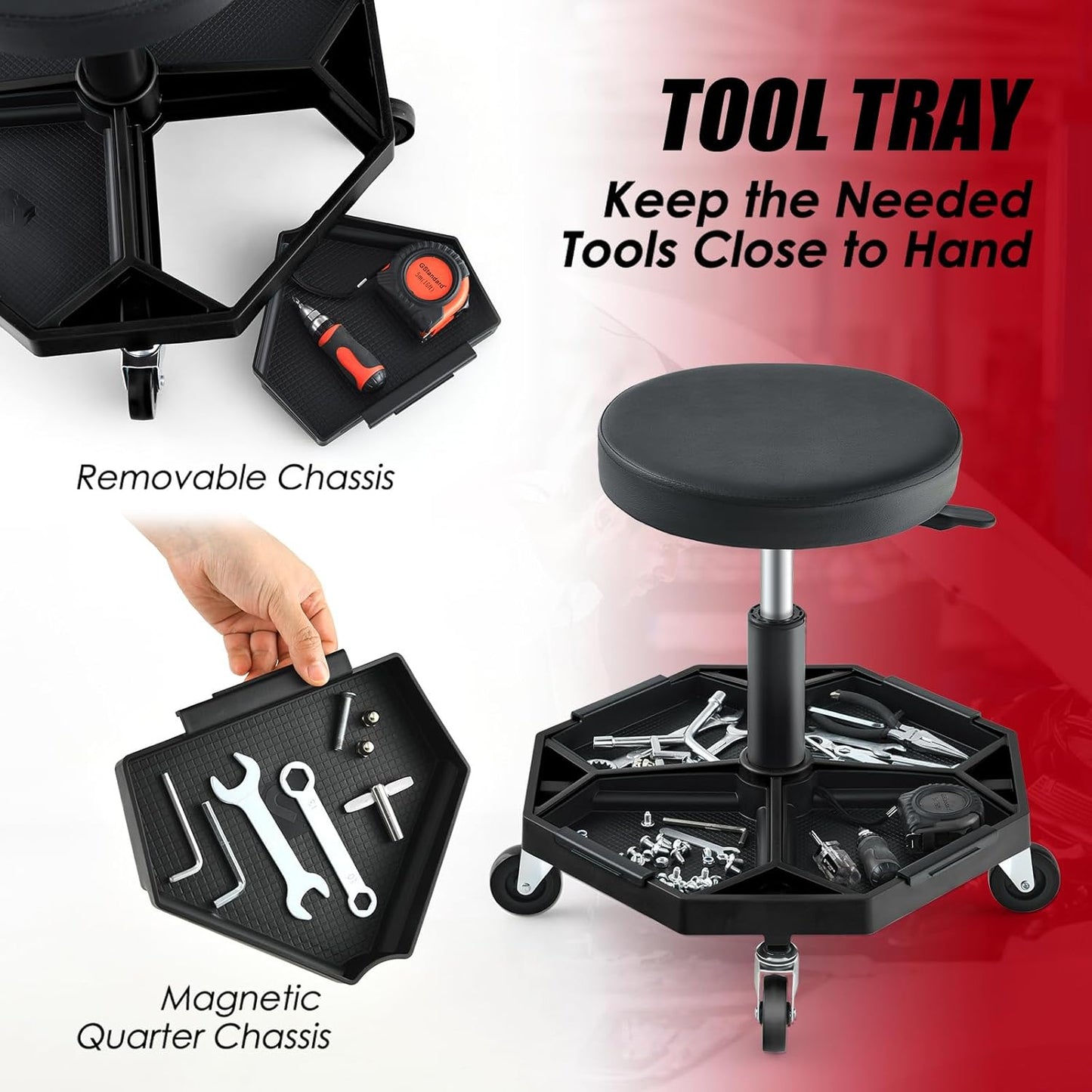 IRONMAX Rolling Mechanic Stool, Adjustable Shop Stool Creeper Seat with Removable Tool Tray, Padded Plush Cushion, Universal Wheels, Heavy Duty Metal Frame, 330 LBS Max Load (Black)