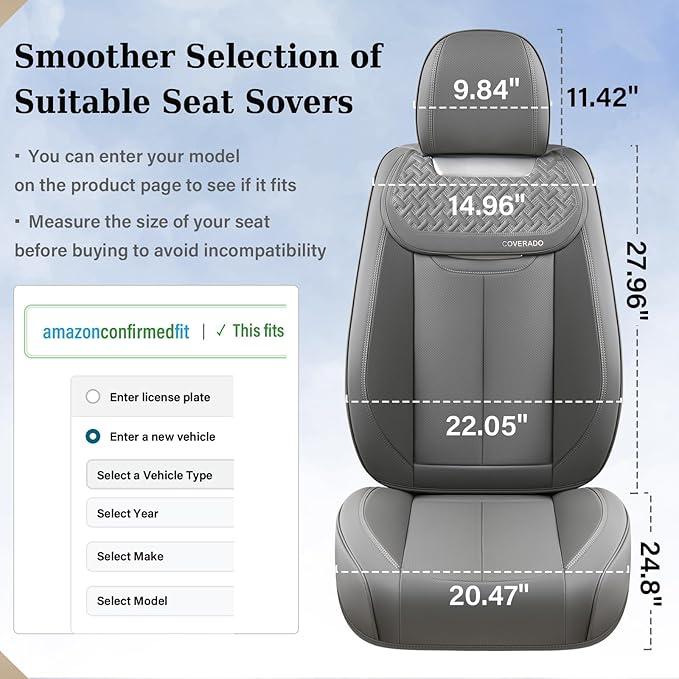 Coverado Car Seat Covers Front Seats, Luxury Nappa Leather Waterproof Seat Covers for Cars, Universal Front Seat Covers, Driver Seat Protector Automotive Interior Accessories Fit for Most Cars,(Gray)