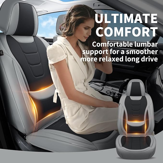 Car Seat Covers for Full Set – Waterproof & Breathable Faux Nappa Leather, 360° Wrap Design, Airbag Compatible, Lumbar Support, Great for Drivers Who Need Driving Comfort,Gray and Black
