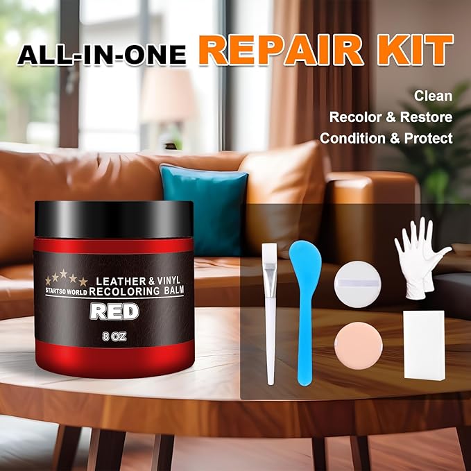 STARTSO WORLD Leather Recoloring Balm, Red Leather Repair Kit for Furniture, Leather Dye, Leather Color Restorer for Couches, Leather Couch Paint | Repair, Restore & Renew Old, Faded Leather