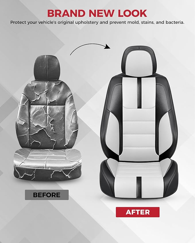 FREESOO Black White Front Car Seat Covers - Faux Nappa Leather Seat Covers for Cars, with Carbon Fiber Texture Seatbelt Pads, Cute Cushion Protectors Fit for Most Vehicles Sedans SUV Trucks Civic