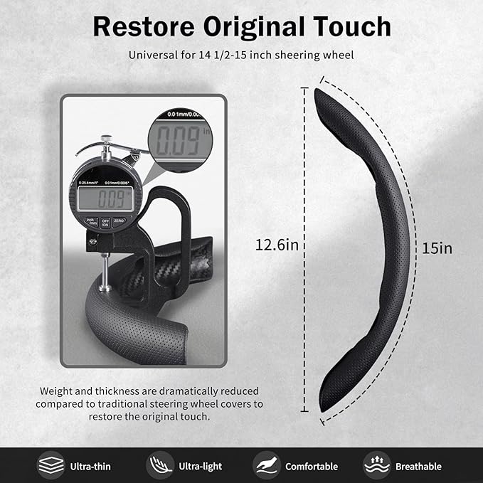 Nappa Leather Car Steering Wheel Cover for Men Women, Ultra-Thin Non-Slip Breathable Microfibre, Universal for 14.5"-15" Steering Wheel - Black