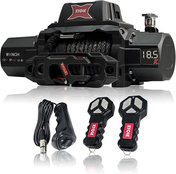 XYCLE18500lbs12V Electric Winch IP68waterproofOff-Road Vehicle Rescue winchs with2wireless Remote Controls and Synthetic Rope Suitable for Towing SUVs,Loggers,Trucks,Trailers,Jeeps,4WD (Dark-Gray)