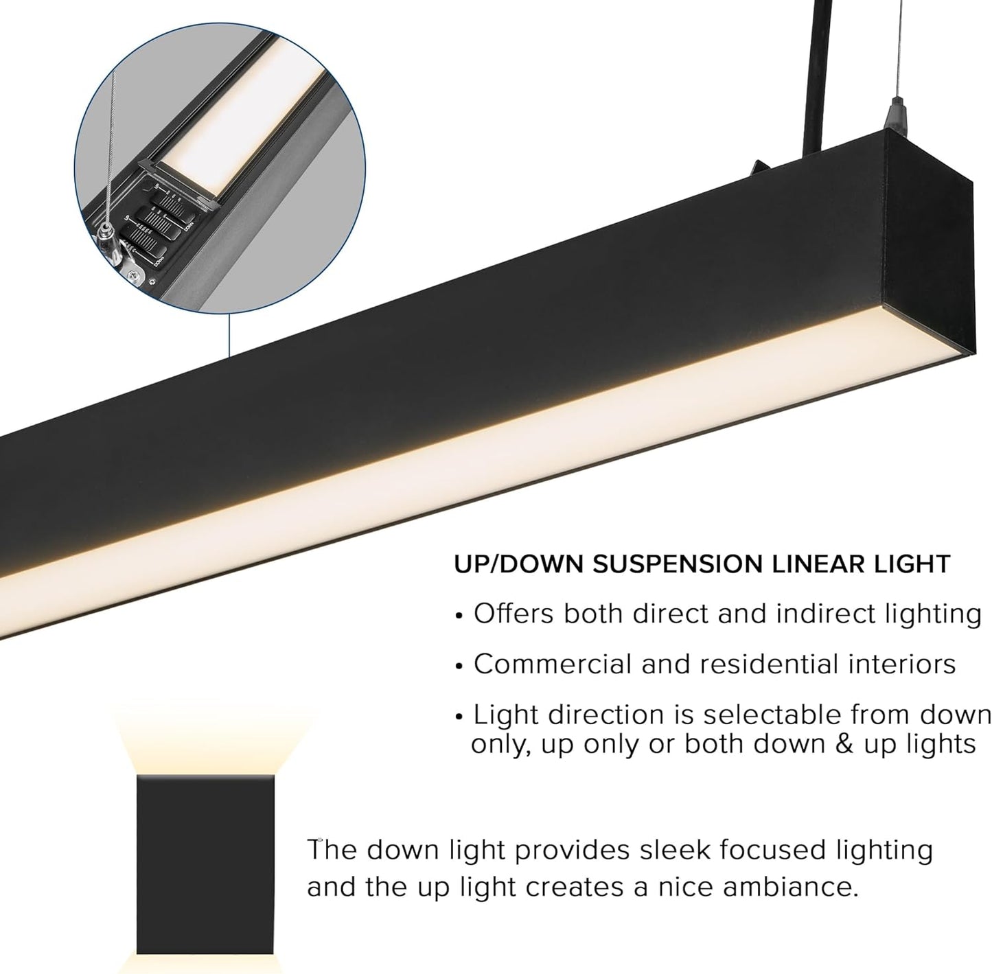 Maxxima 4 ft. LED Black Linear Light, Up and Down Adjustable Light Output, 3 CCT 3500K/4000K/5000K, Commercial and Residential 36W Suspension Pendant, Ideal for Office, Home, Shop, Garage, School