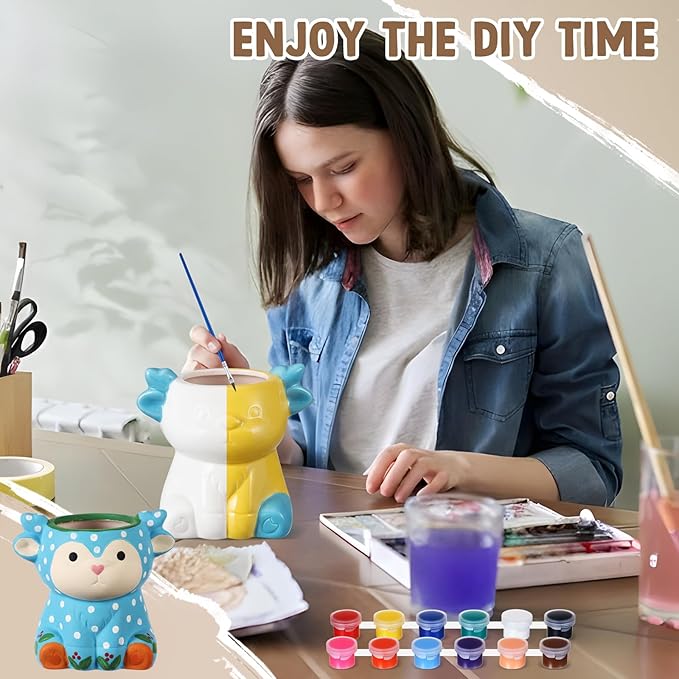 Honeydak 6 Sets DIY Ceramic Succulent Pots Paint Craft Kit, Ready to Paint Your Own Ceramic Planters, Unpainted Flower Pots with Drainage Holes for Family Craft Activity Birthday Gift