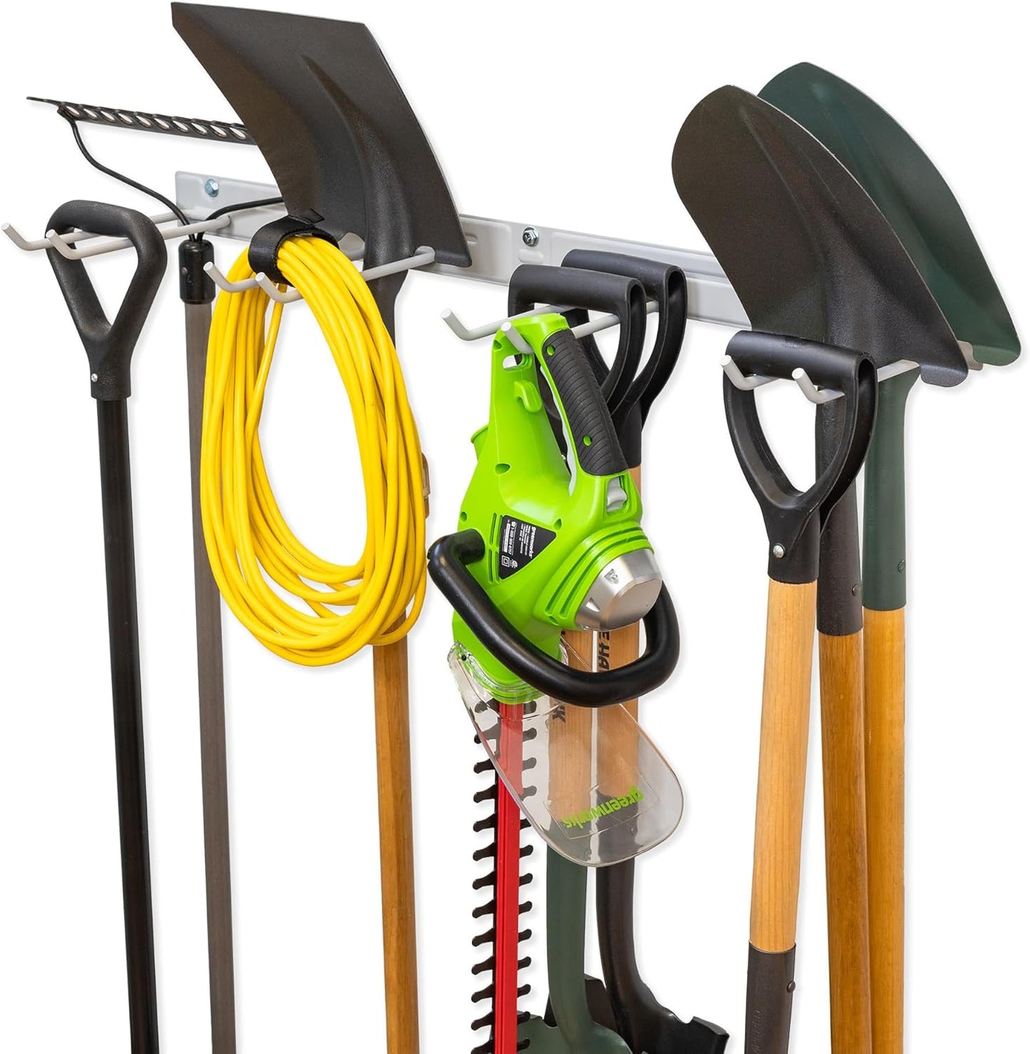 StoreYourBoard Wall-Mounted Rack With 4 Garage Hooks, Gray – Heavy-Duty Steel Holder Garage & Garden Storage for Shed, Workshop, or Home Organization – For Rakes, Shovels, Tools & More – 1 Pack, Gray