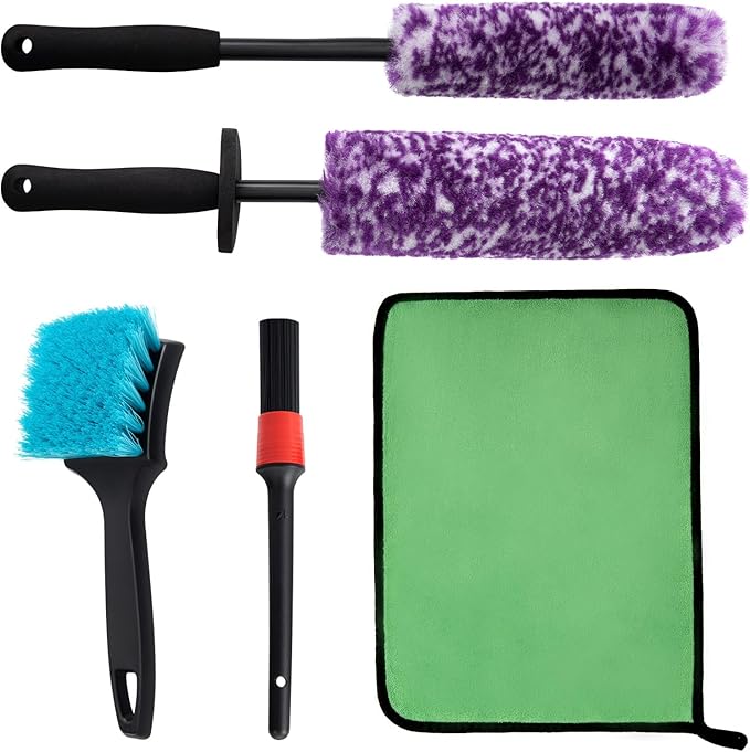 5 Pack Car Wheel and Tire Cleaner Brushes Kit Auto Motorcycle Rim Ultra Soft Microfiber No Spatter Bendable Woolies Bristle Cleaning Set (Purple & White)