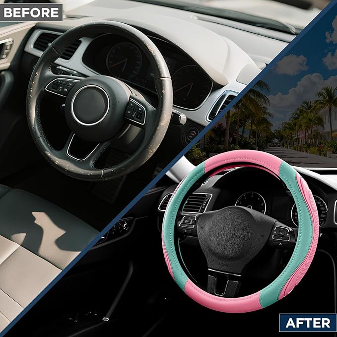 Road Comforts Car Steering Wheel Cover - Microfiber Leather Steering Wheel Wrap Sports 14.5-15 Inch Steering Wheel Cover Non-Slip for Men Women Pink & Green Color
