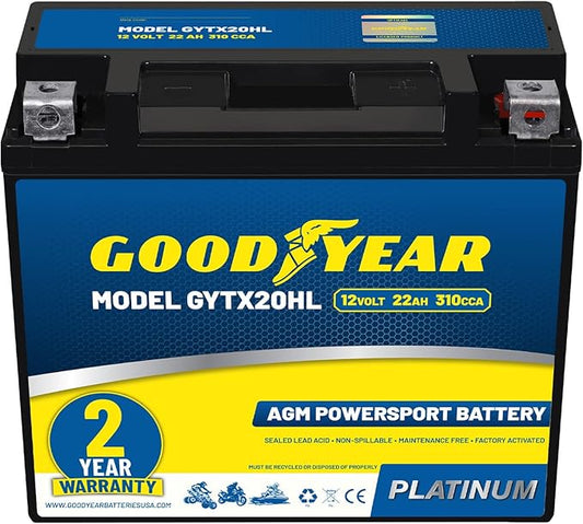 Goodyear GYTX20HL - 12 Volt 22 AH, 310 CCA, Rechargeable High-Performance, Maintenance Free, SLA - AGM Battery for Motorcycle, ATV, UTV, Scooter, Snowmobile, Motorbike and more!