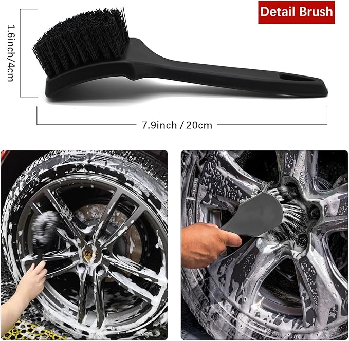 Wheel Brush Kit for Cleaning Wheel and Tire, 2 Soft Bendable Wheel Woolies Cleaning Brush, Stiff Tire Brush, Detailing Brush, Flexible&Durable Wheel Rim Cleaner Brush Set (Red)