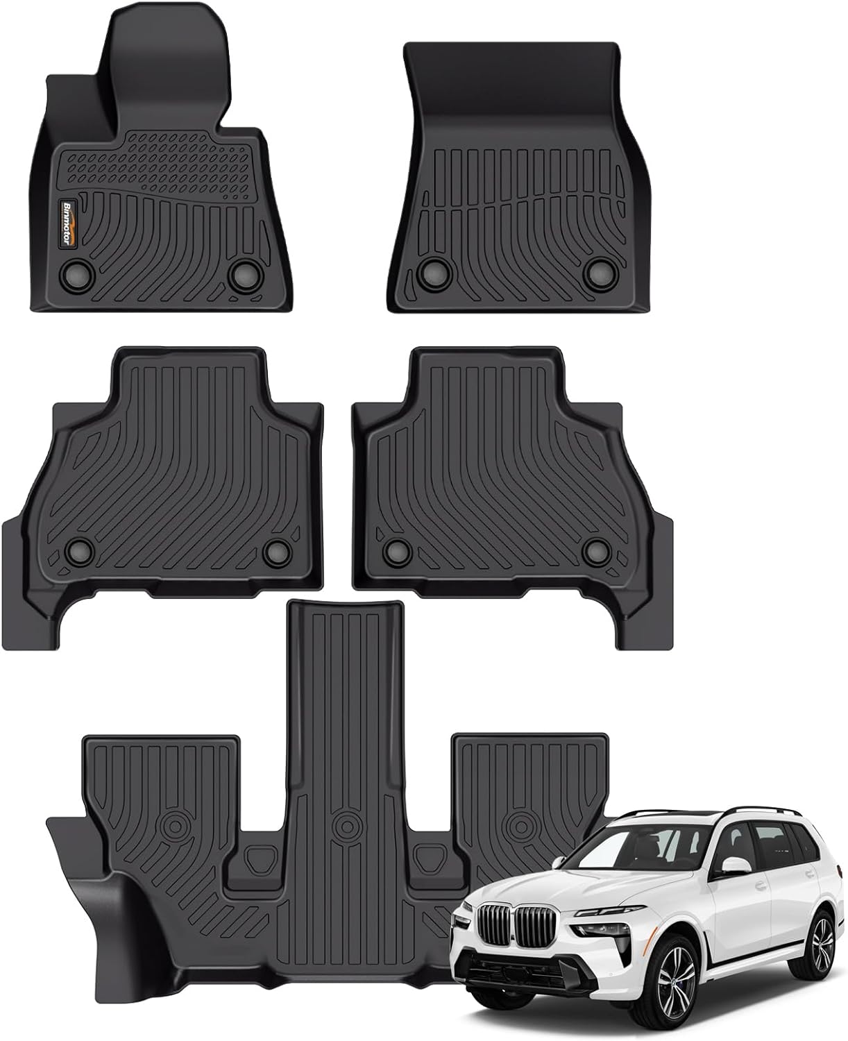 Binmotor-All Weather Car Floor Mats for 2019-2024 2025 BMW X7 40i, M50i, M60i (only fit 6 Passenger),3 Rows with Cargo Mat Set for X7,TPE Rubber Liners for X7 Accessories Mats Trunk Mat-Black