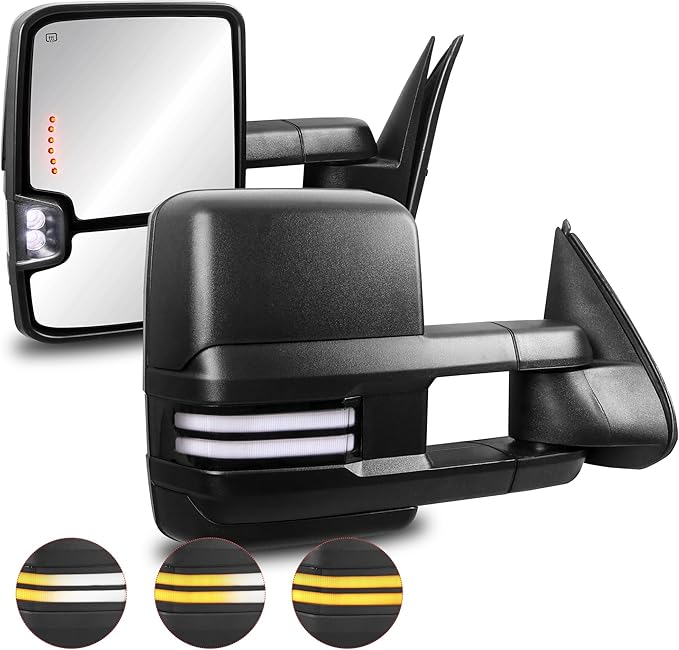 Black Pair Towing Mirrors Power Heated w/White Running Light Sequential Turn light Clearance Lamp Compatible for 99-02 Chevy Silverado Suburban Tahoe GMC Serria Yukon