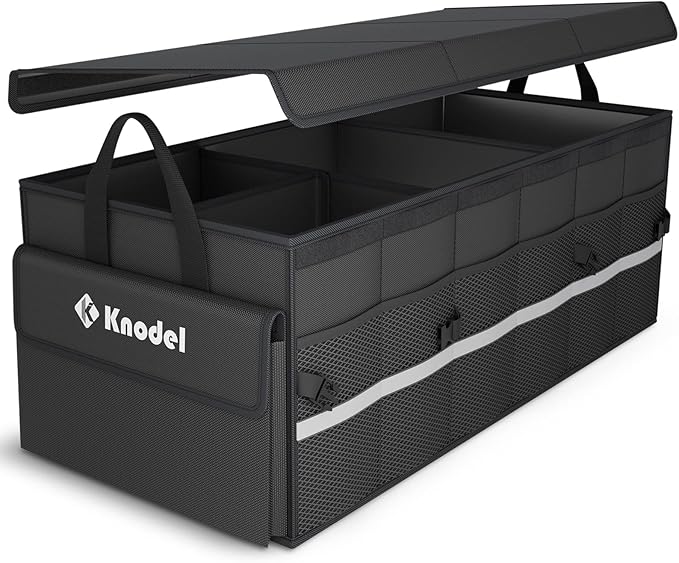 K KNODEL Car Trunk Organizer with Lid, 3 Compartments Collapsible Car Trunk Storage Organizer, Large Car Organizer and Storage for SUV, Truck, Sedan (Large, Black)