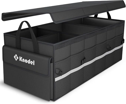 K KNODEL Car Trunk Organizer with Lid, 3 Compartments Collapsible Car Trunk Storage Organizer, Large Car Organizer and Storage for SUV, Truck, Sedan (Large, Black)