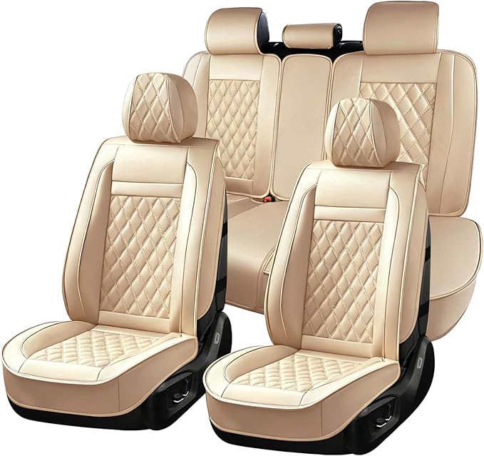 Huidasource Beige Seat Covers Full Set, Nappa Leather Seat Cover Hollow Design Airbag Pops, Front ＆ Back Seat, 5 Layers Seat Covers for Most Cars, Vans, Trucks, SUVs Universal Fit (Full Set/Beige)