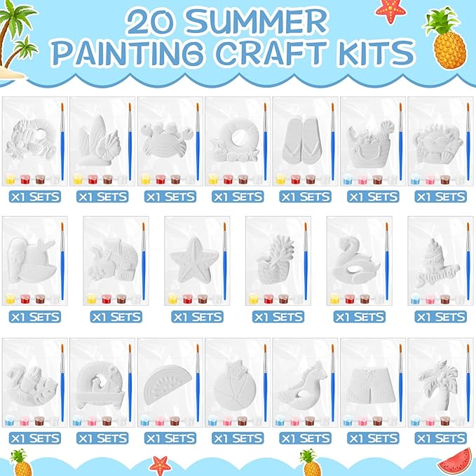 JellyArch 20 Set Summer Beach DIY Painting Ceramic Kit Paint Your Own Beach Ball Flamingo Slipper Statues Unpainted Plaster Figurines Brushes Acrylic Paints Bags Party Favor