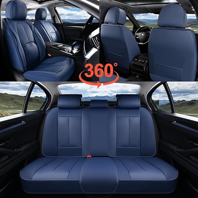 Coverado Car Seat Covers Full Set, Blue Car Seat Cover, Nappa Leather Seat Covers for Cars, Waterproof Car Seat Protector with Lumbar Support, Automotive Seat Covers Universal Fit for Most Cars (Blue)