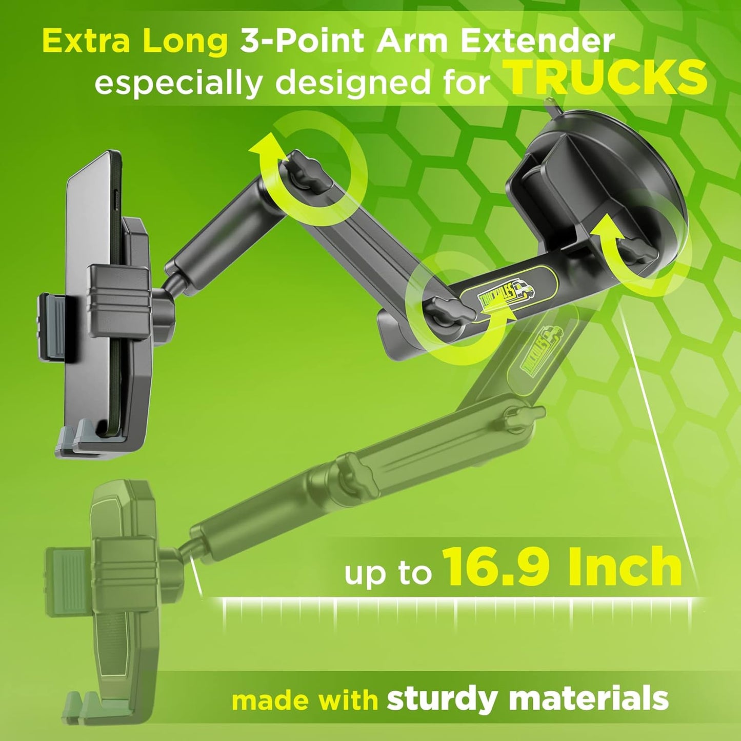 Phone Mount for Truck Phone Holder for Truck - Heavy Duty Super Suction Cup, Mobile Device Holder Dashboard Window 16.9 inch Long Arm & Stable, iPhone & Samsung Compatible, Commercial Trucker, Gray