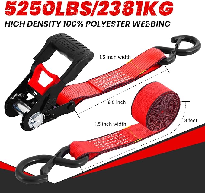 Ratchet Straps Heavy Duty (4 Pack) - 5,250 Break Strength Motorcycle Strap Tie Downs with 15ft Soft Loops -1.5in x 8ft Ratchet Tie Down Straps for Motorcycles, Truck, Cargo -Safety S Hook, Storage Bag