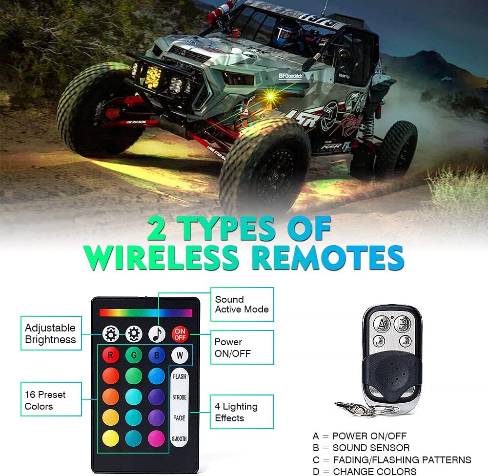 Xprite Bluetooth RGB LED Rock Lights Kit, Multicolor Neon Accent Music Flashing Lighting Underglow Kits with RF Controller for Off-Road, Trucks, Cars, UTV, ATV, SUV, RZR, Motorcycles, Boats - 10 PCS