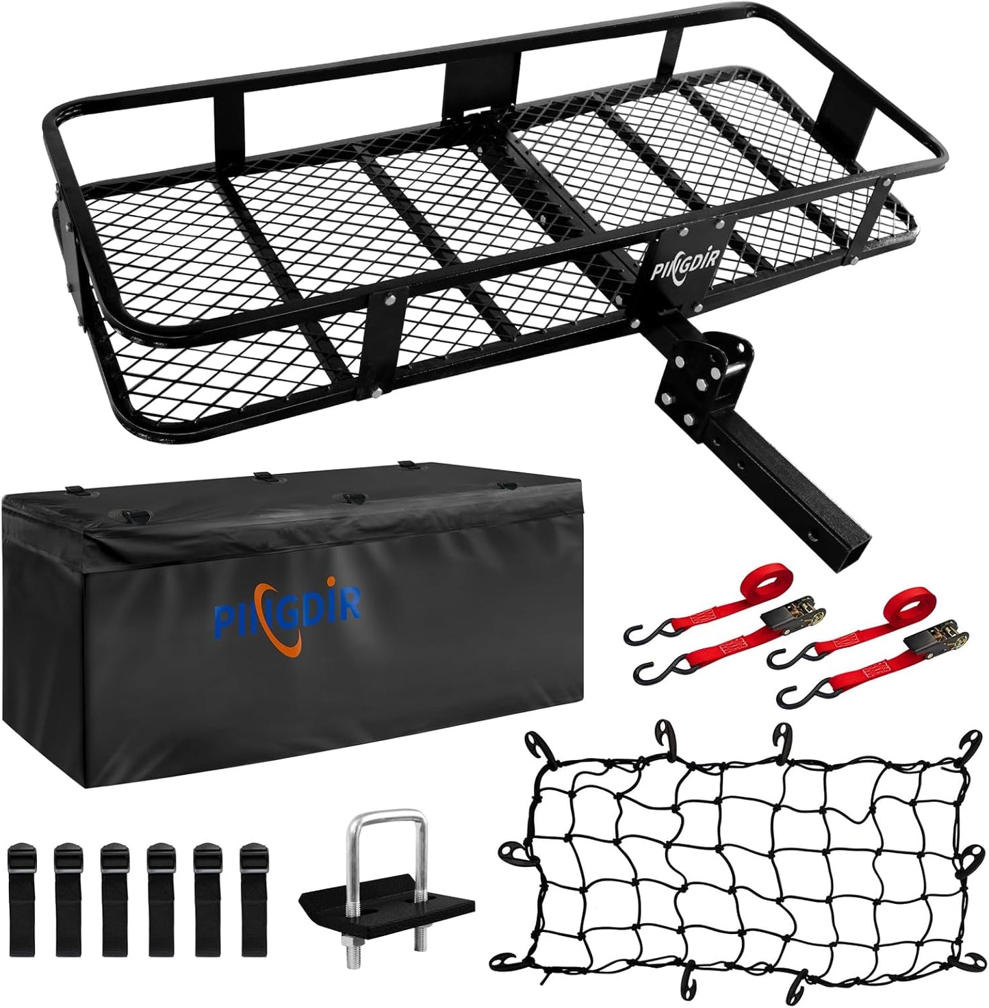 Folding Hitch Mount Cargo Carrier Hitch Rack Basket 60"*21.5"*6" Hauling Weight Capacity of 500 Lbs, Waterproof Cargo Bag 58" 19" 24", with Hitch Stabilizer,Cargo Net and Ratchet Straps