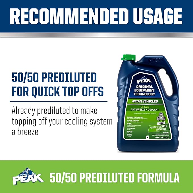 PEAK OET Extended Life Green 50/50 Prediluted Antifreeze/Coolant for Asian Vehicles, 1 Gal. (Pack of 2)