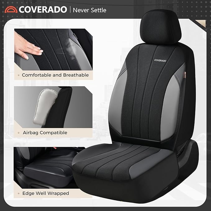 Coverado Automotive Seat Cover Full Set, Front and Rear Seat Covers, Waterproof Leather Seat Covers 5 Seats, Luxury Car Seat Protectors Universal Fit for Most Vehicles, SUV, Truck, Sedan