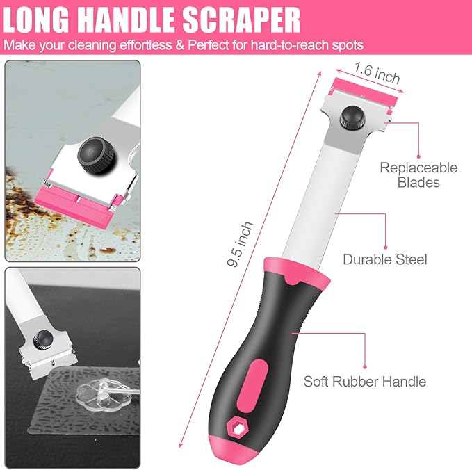 4 Pack Razor Blade Scraper, Premium Cleaning Scraper Tool with 50 PCS Metal & Plastic Razor Blades, Multi-Purpose Glass Scraper for Windows, Sticker, Decals, Cooktop, Paint Removal (Pink)