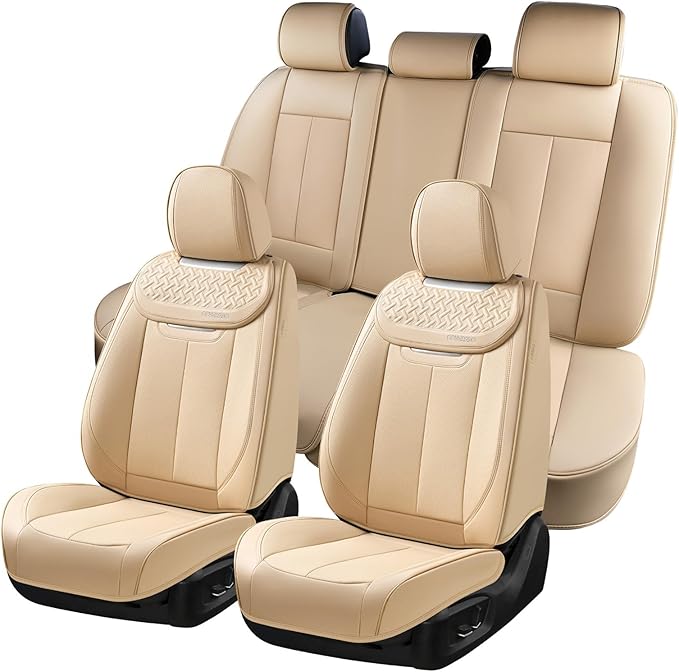 Coverado Car Seat Covers Full Set, Seat Covers Waterproof, Nappa Leather Seat Covers for Cars, Front and Back Car Seat Protector, Breathable Seat Cushion, Seat Cover Universal Fit Most Cars(Beige)