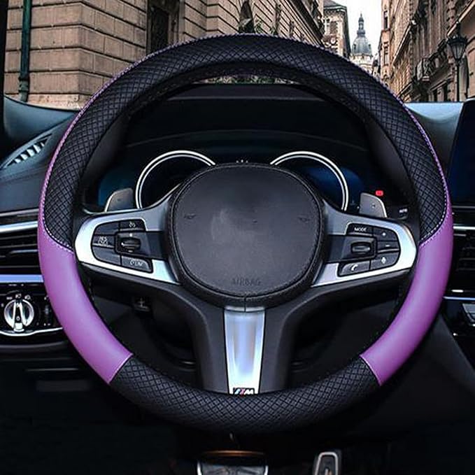 SHIAWASENA Car Steering Wheel Cover, Leather, Universal 15 Inch Fit, Anti-Slip & Odor-Free (Black&Purple)