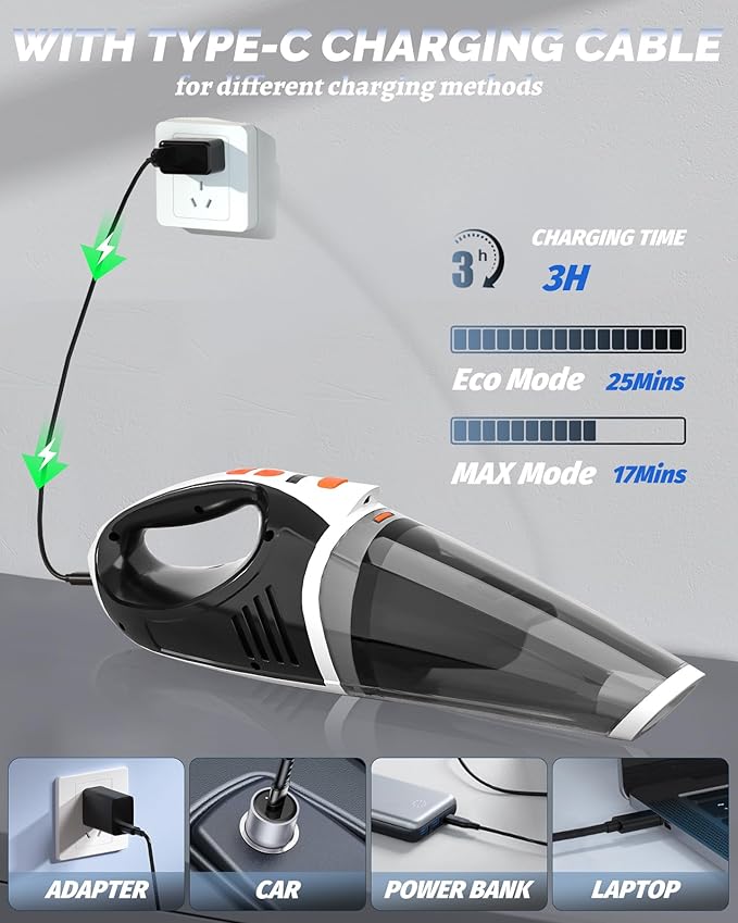 BRL Handheld Vacuum Cordless Car Vacuum Cleaner Rechargeable with LED, Hand Vacuum Lightweight, High Power Suction, Hand Held Vacuum Washable Filter and Multi-Nozzles for Car, Home Office, Pets