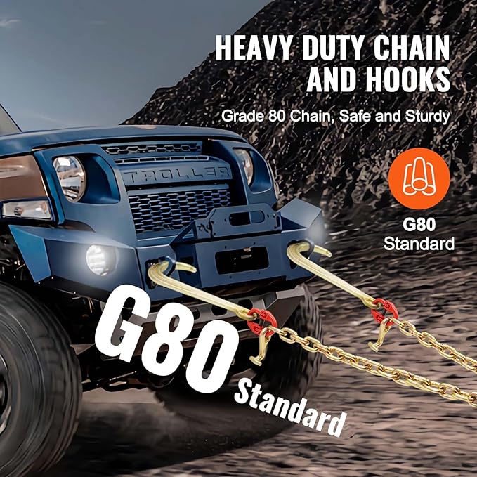 VEVOR G80 V Bridle Chain, 3/8" x 2' Towing Chain Bridle with 15" J Hooks, T Hooks & Grab Hooks, Heavy Duty Transport Tow Chain Bridle with 7800 lbs Safe Working Load for Flatbed Truck Wrecker Recovery