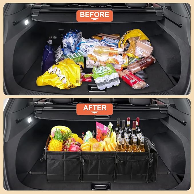 Large Trunk Organizer with Removable Cooler Bag-Collapsible Multi Compartments w/Foldable Cover, Non Slip Bottom Cargo Storage Suitable for Any Car, SUV, Truck, or Van(3 compartments,Black)