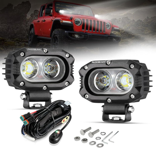Auxbeam 4 Inch LED Pod, Square Pod Light with 5050 LED White Flood Beam Offroad Driving Fog Light with Wiring Harness for Jeep Wrangler Truck Pickup SUV ATV UTV (2 Pcs)