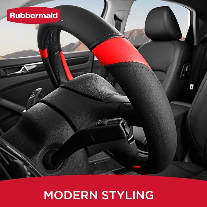 Rubbermaid Steering Wheel Cover – Universal Fit 14.5"–15" Steering Wheel Cover, Anti-Slip Grip, Breathable Leather, All-Season Protection, Interior Upgrade for Cars, Trucks, SUVs - Red