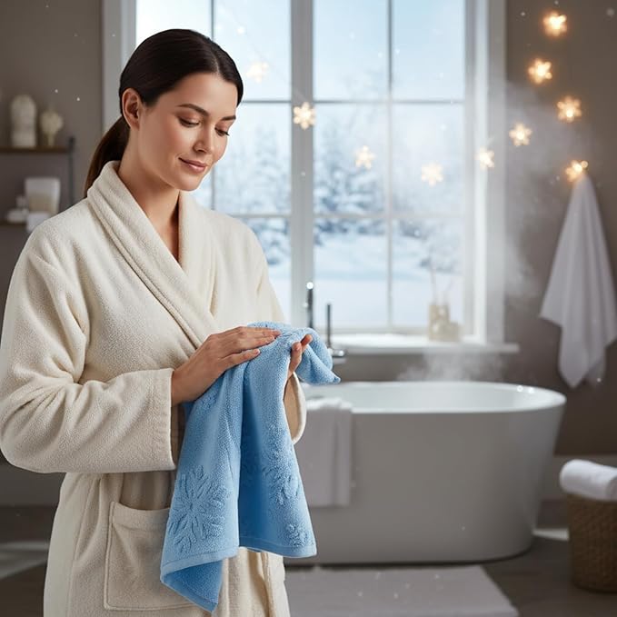 4 Pack 3D Winter Snowflake Bath Towels 14" x 30" Christmas Bathroom Hand Towels Jacquard Absorbent Soft Cotton White Blue Design Kitchen Drying Cleaning Decorative Xmas Holiday