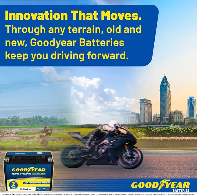 Goodyear GYTX24HL - 12 Volt 26 AH, 350 CCA, Rechargeable High-Performance, Maintenance Free, SLA - AGM Battery for Motorcycle, ATV, UTV, Scooter, Snowmobile, Motorbike and more!