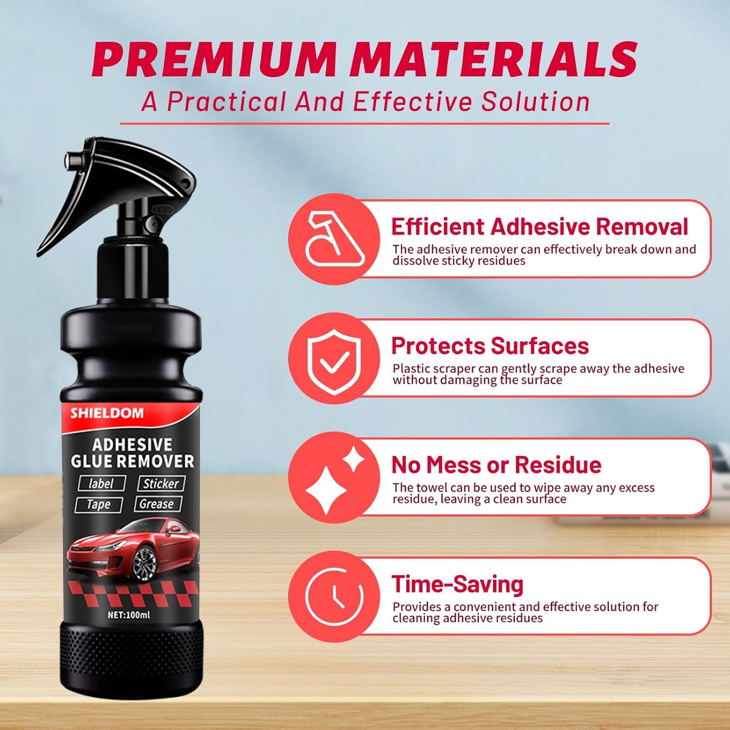 Adhesive Remover, Dissolve & Soften Adhesives on Car Glass & Paint, Easily Remove Glue Sticker Labels Decals Tape Residue, Portable Spray Removal Set with Scraper, Spatula, Towel -3.4oz/100ml