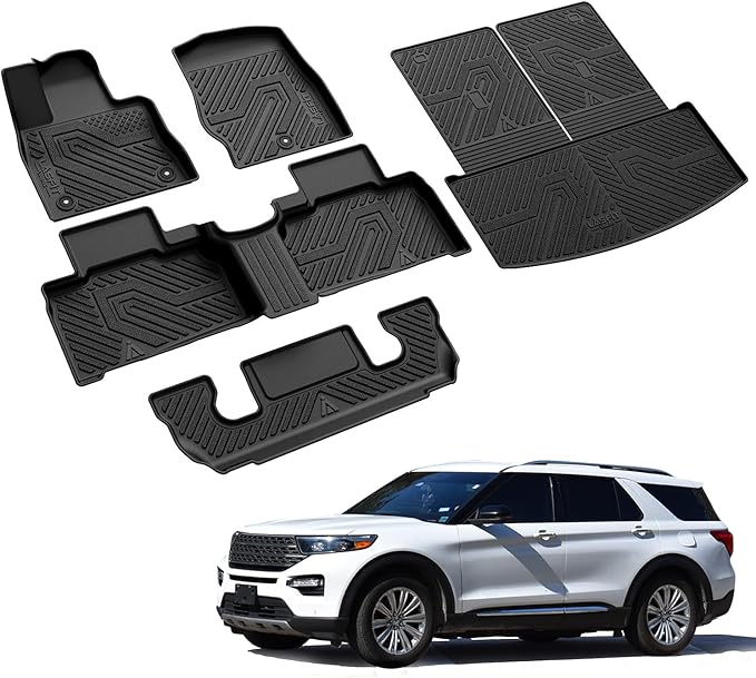 LASFIT Floor Mats & Cargo with Backrest Mat for Ford Explorer 2020-2021 6 Passenger, Custom Fit All Weather Protector TPE Easy Clean Floor Liners, 5pcs Full Set Black