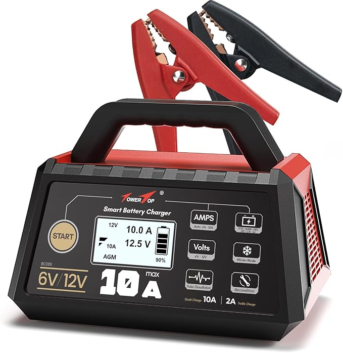 TowerTop Smart Car Battery Charger: 10A Battery Chargers 6V/12V Boat Battery Chargers with Auto Repair, Desulfator, Maintainer, Winter Mode, Suitable for AGM, Lithium (LiFePO4), Deep-Cycle Batteries