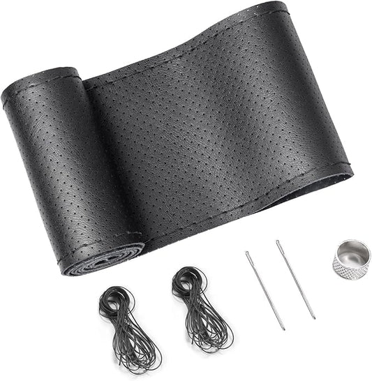 SEG Direct Genuine Leather Steering Wheel Cover, Stitch On Wrap, Breathable Cowhide Steering Wheel Wrap, Standard Size 15 Inch, for Car Truck SUV Pickup Boat, DIY Sewing with Needle Thread, Black