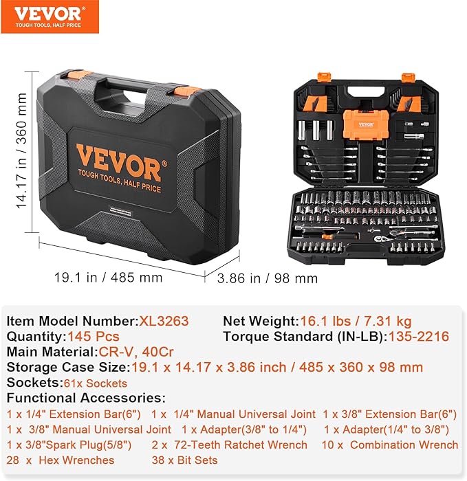 VEVOR Mechanics Tool Set and Socket Set, 1/4" and 3/8" Drive Deep and Standard Sockets, 145 Pcs SAE and Metric Mechanic Tool Kit with Bits, Combination Wrench, Hex Wrenches, Accessories, Storage Case