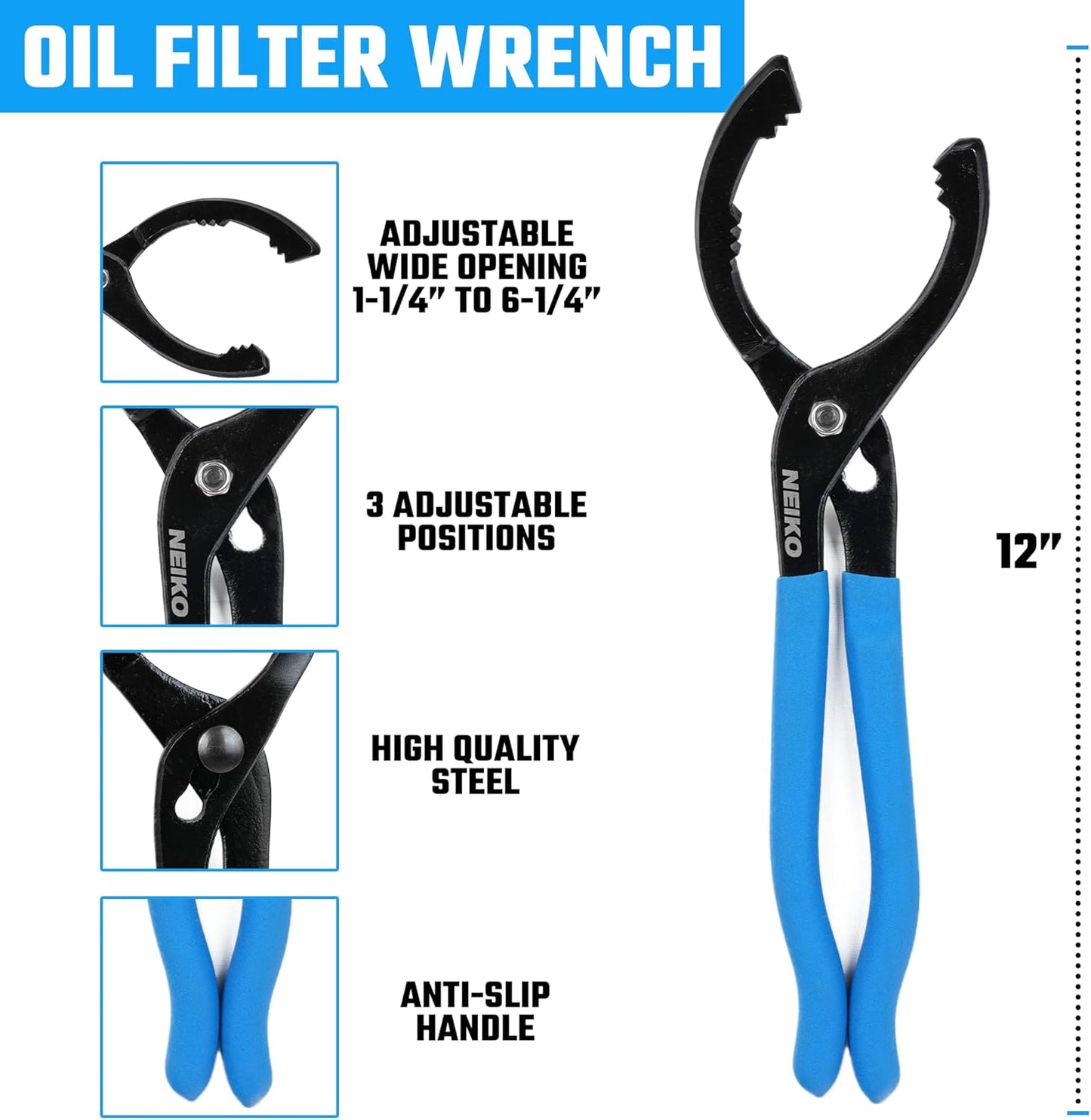 NEIKO 03422A Oil Filter Wrench, 12” Adjustable Oil Filter Pliers, 3 Adjustable Positions, Fits 2-3/8” to 4-1/2”, Oil Change Tools, Filter Removal Tool